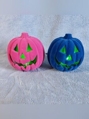 Lot of 2 Flocked Velvet Light-Up Halloween Jack-O-Lantern Pumpkins – Pink & Blue